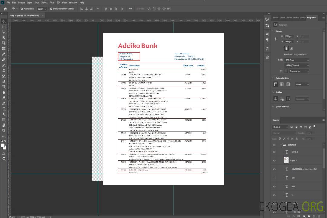 Relevé bancaire Autriche Addiko Bank template